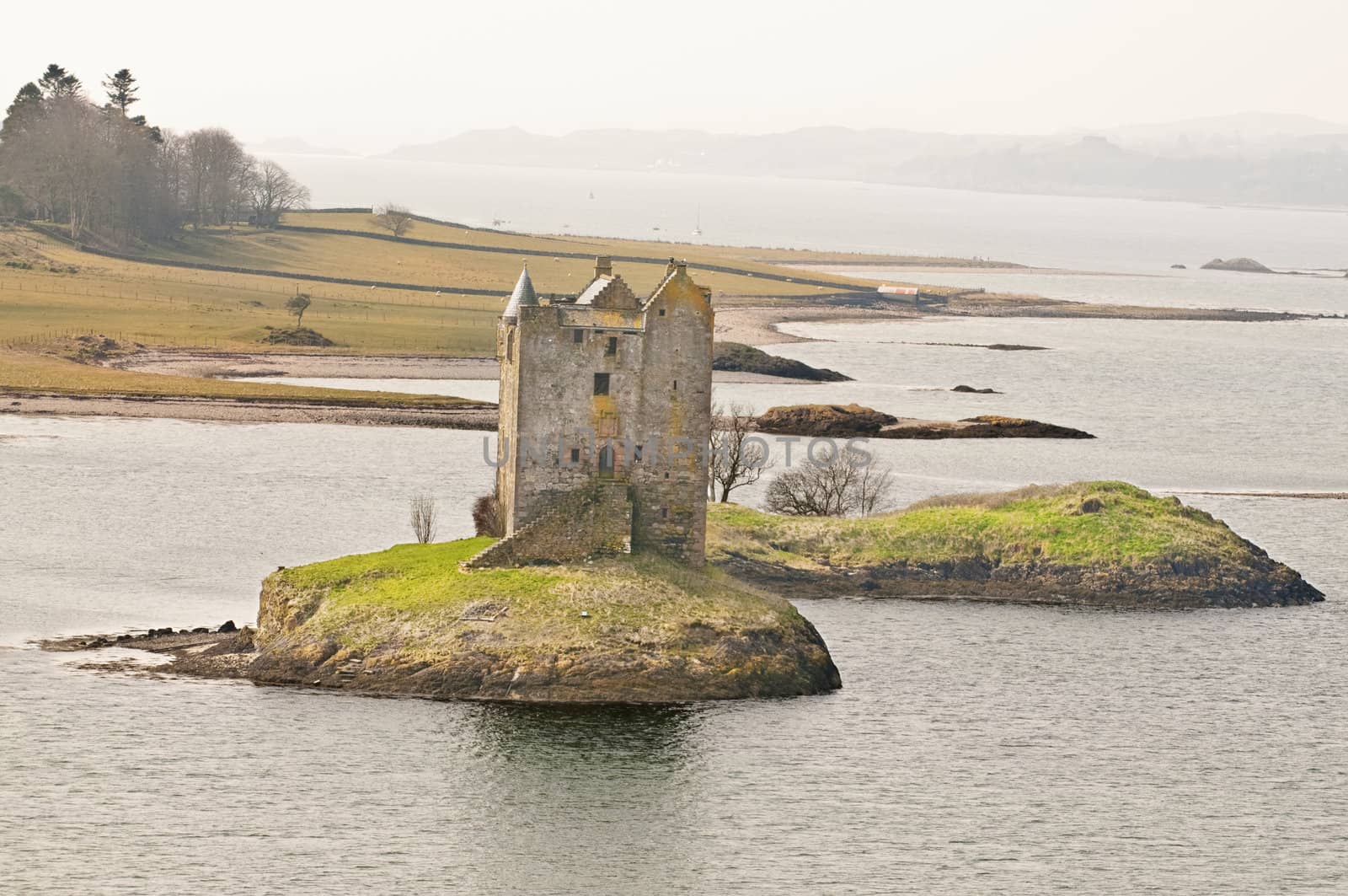 Castle Stalker in Scotland ona remote island in a loch