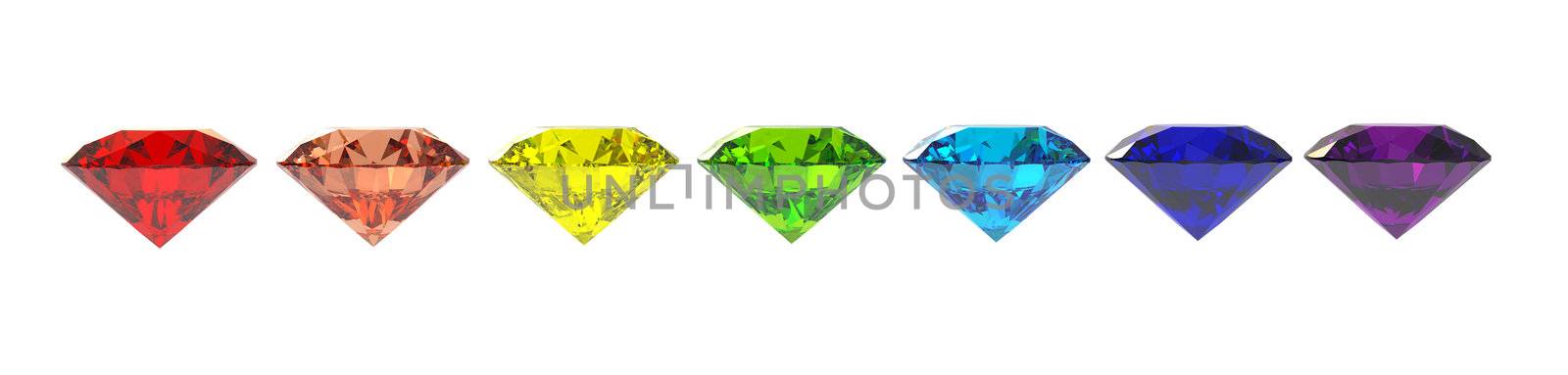 Seven diamonds in colors of rainbow 3d render isolated on white
