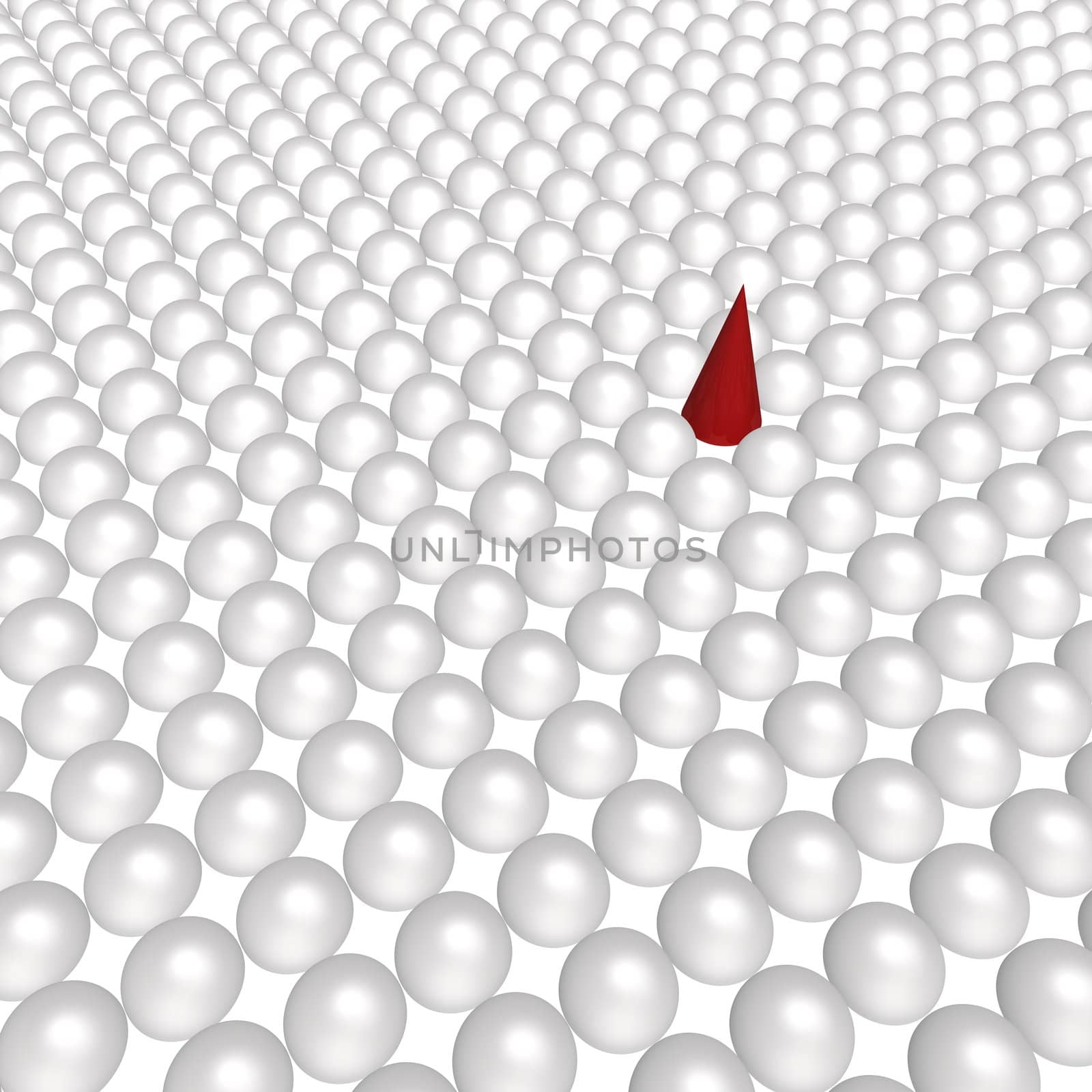 surface from white balls and a red cone - 3d illustration