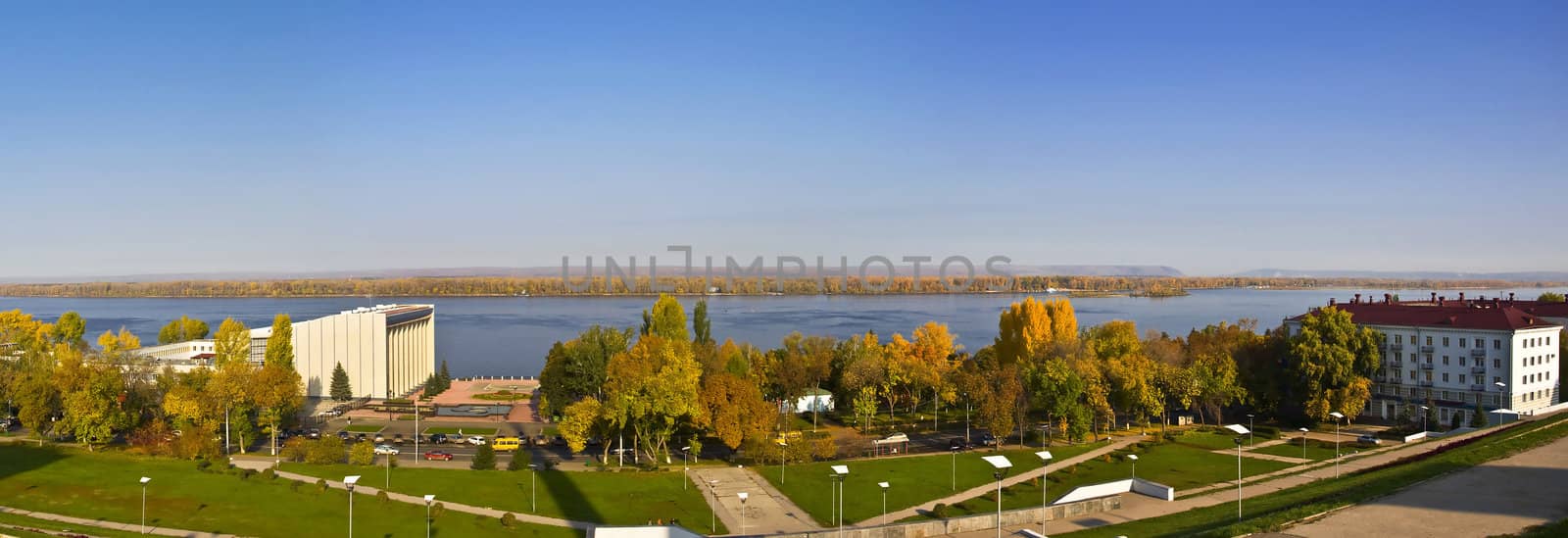 Panorama of a large city on the banks of the river. Samara, Russia. Autumn Landscape.