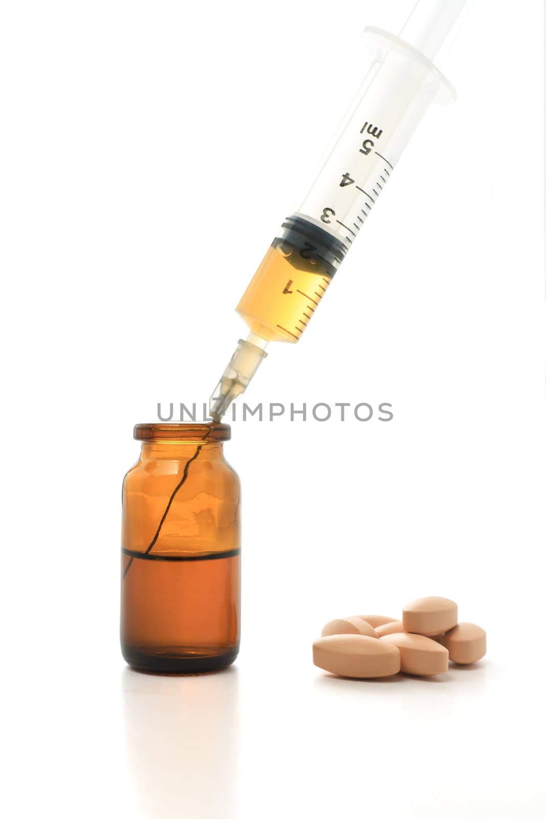 Syringe, glass bottle with drugs isolated on white background
