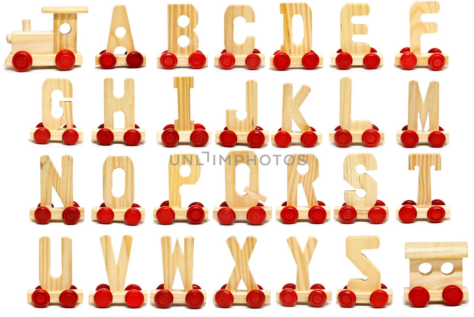 Alphabet train with all uppercase letters, locomotive and carriage.