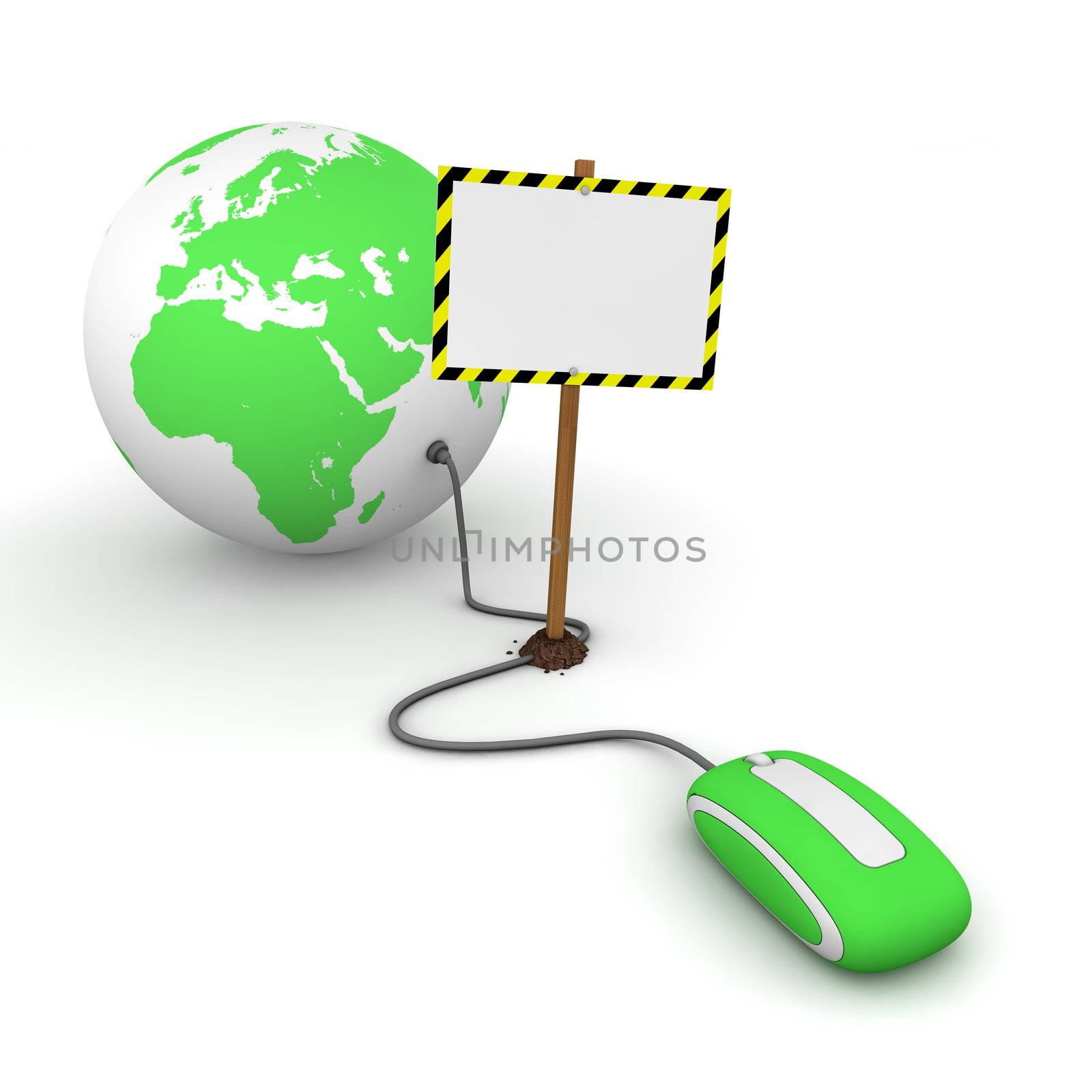 green computer mouse is connected to a green globe - surfing and browsing is blocked by a white rectangular sign that cuts the cable - empty template with yellow and black warning stripes