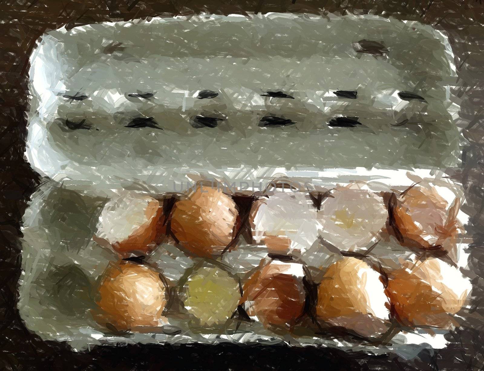 Painting of some eggs in their carton.