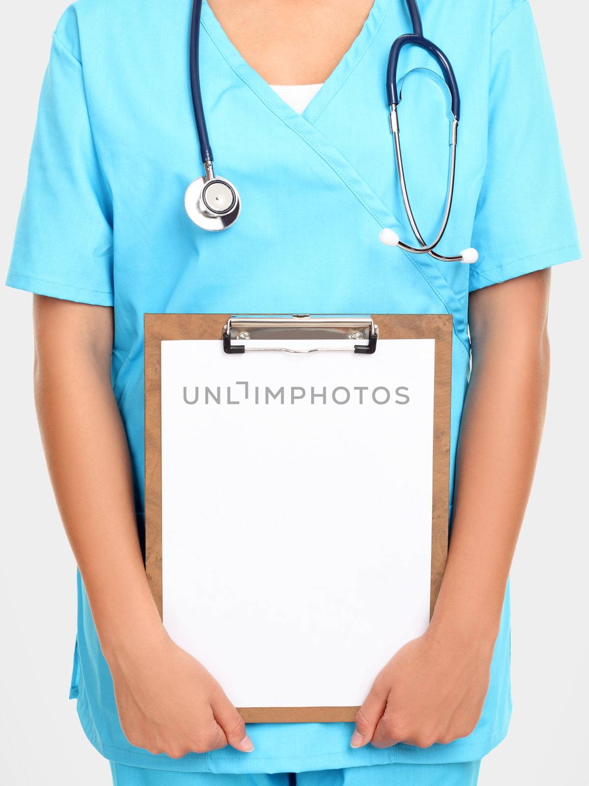 Medical doctor or nurse holding clipboard sign showing room for copyspace