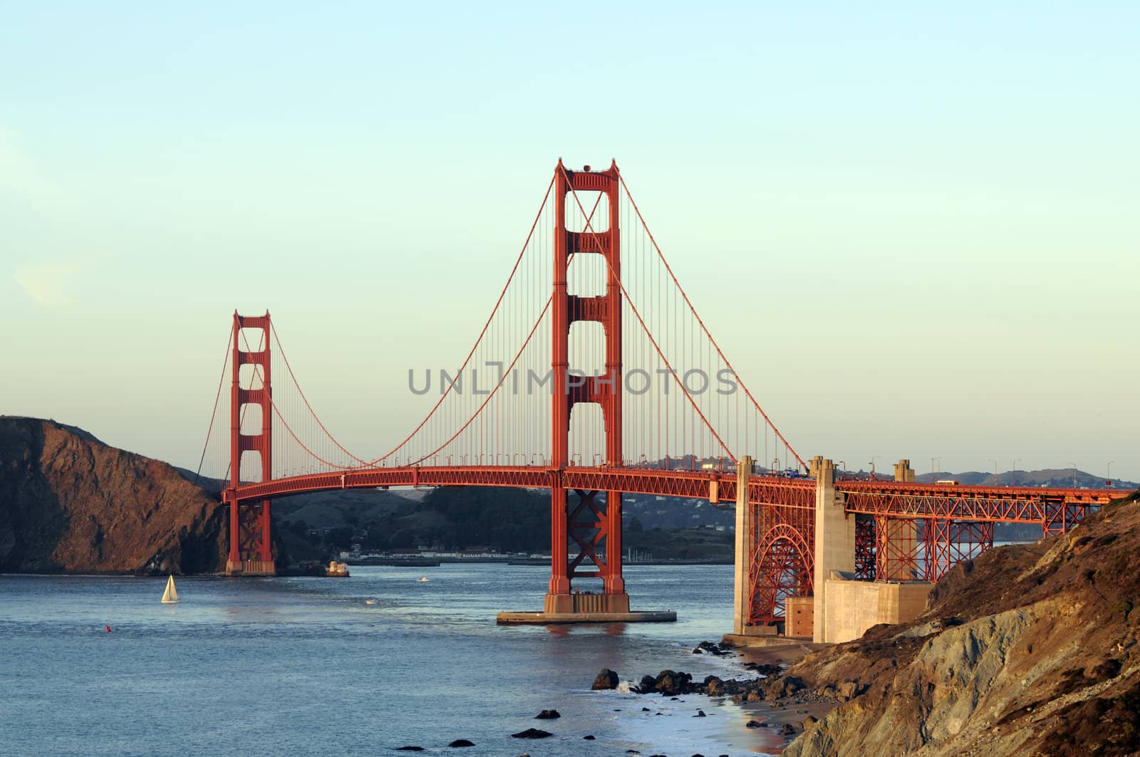 Golden gate bridge from the Presidio, with sail boats in the bay