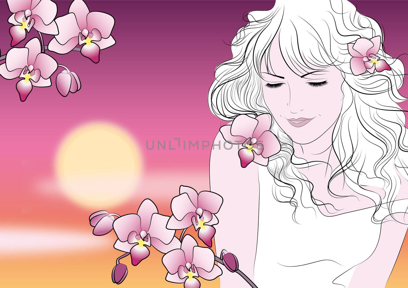 Girl with orchids against the evening sky, a sketch