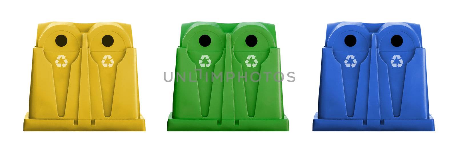 Recycle containers for glass, metal, plastic and paper waste isolated on white background