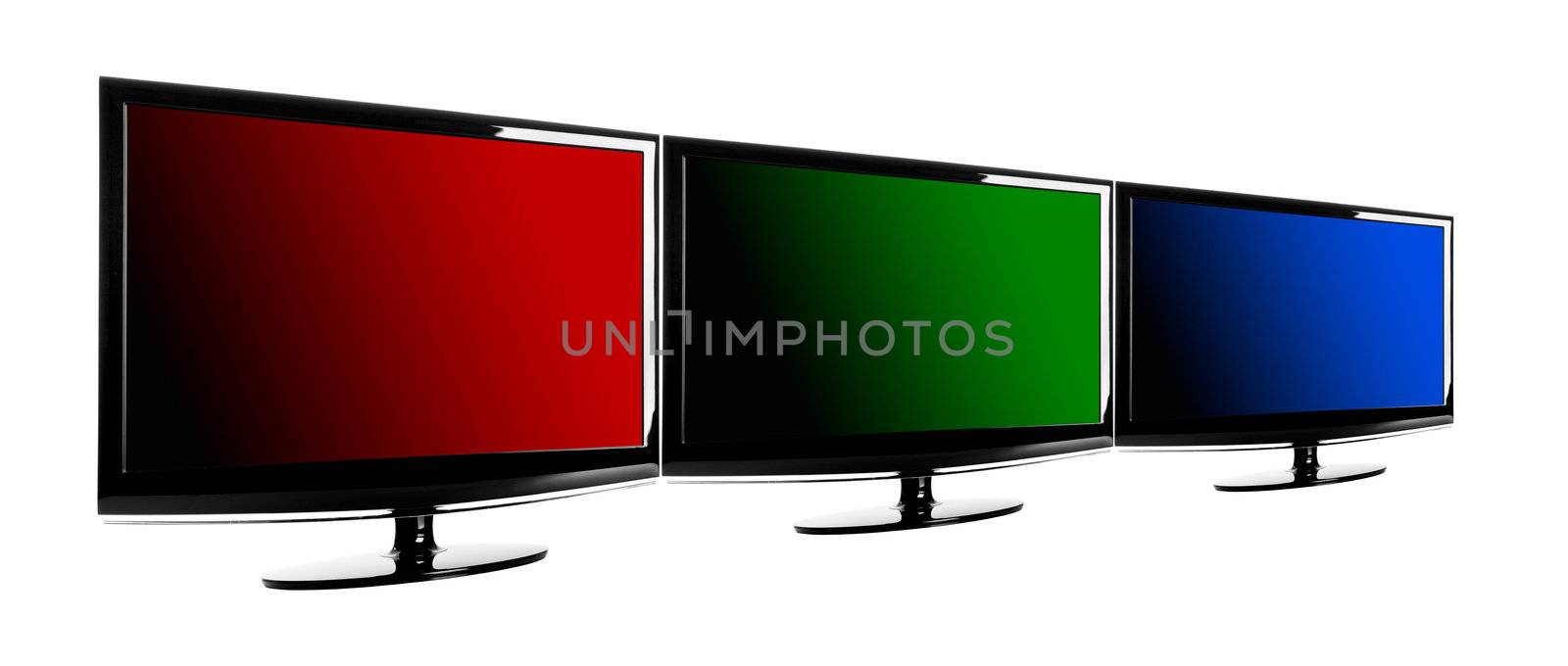 Three lcd TV's showing the RGB colors; red, green and blue.