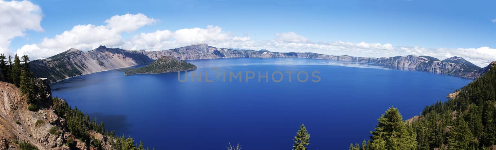 Panorama of Crater Lake, Oregon, a caldera left from a gigantic volcanic explosion