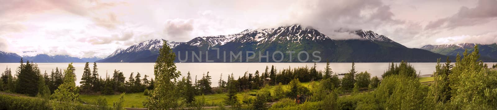 Panorama of Alaska, with the turn around arm, and snow on the mountains
