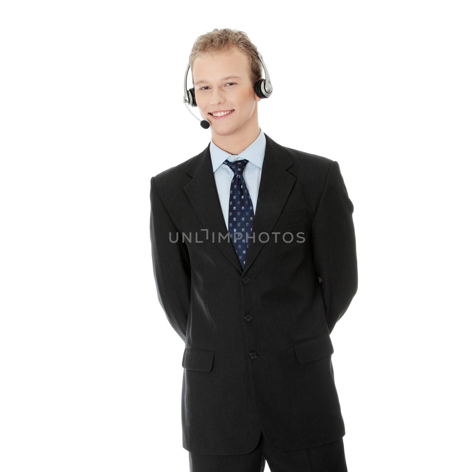 Charming customer service representative with headset on isolated on white background