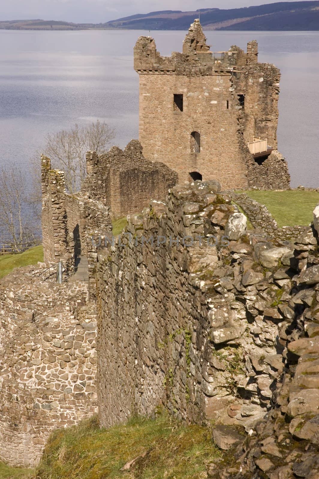 ruins of Urquhart Castle, one of Scotlands largest, at Loch Ness, owned and blownup in 1692 by the Clan Grant to stop it becoming a Jacobite stronghold.