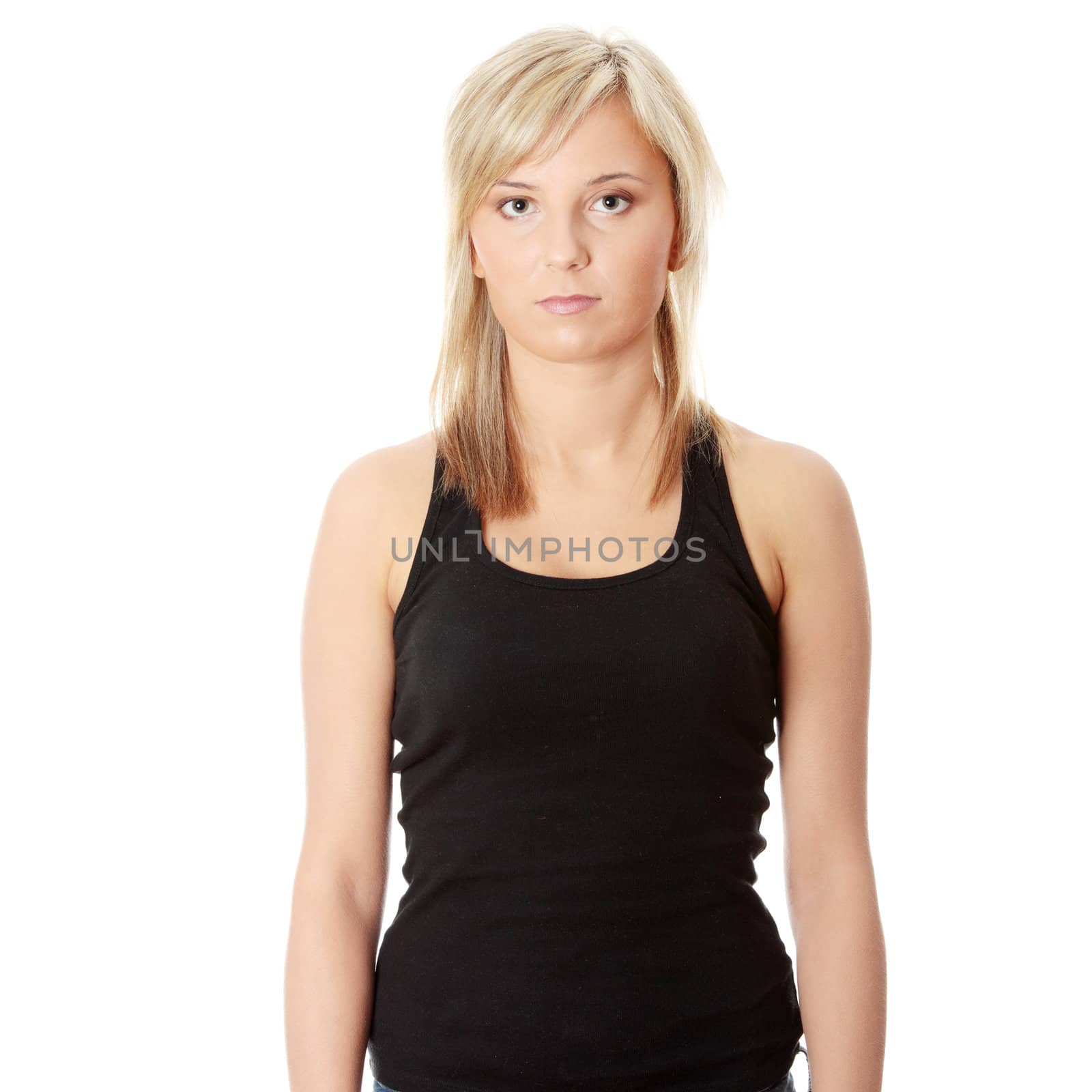 Portrait of young blond woman isolated on white background