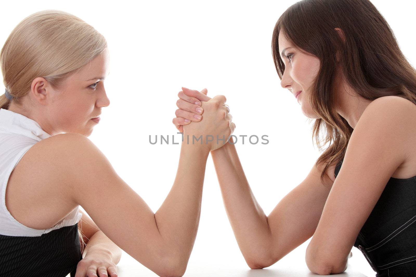 Two women hands fight, isolated on white background