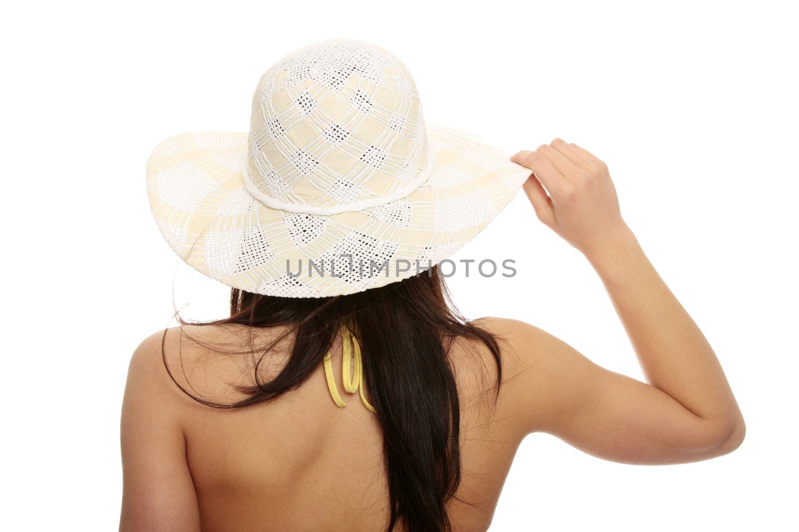 Summer woman in swimsuit and hat