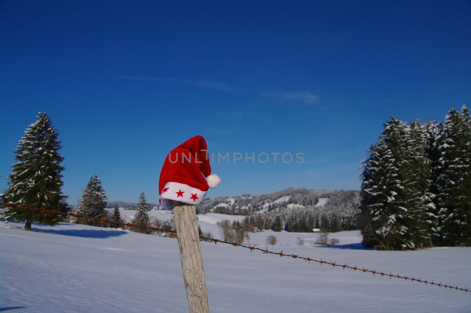 red santa claus hats in a snowy landscape