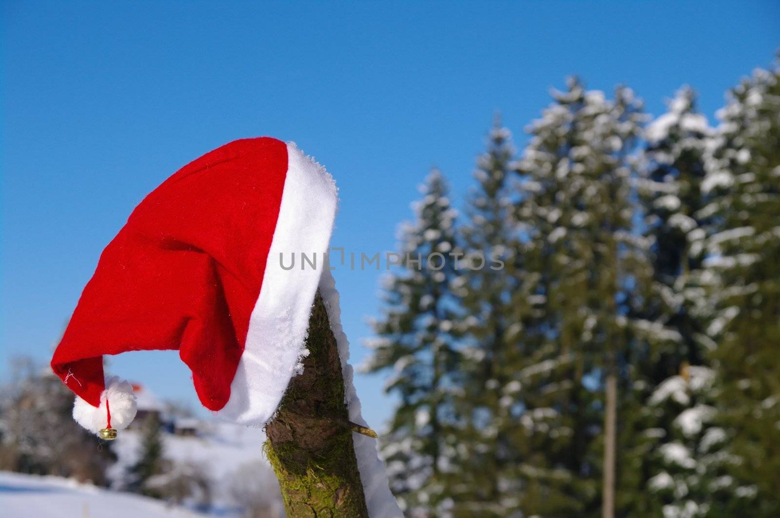 red santa claus hats in a snowy landscape