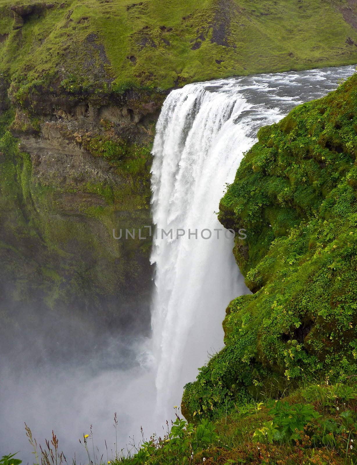 Waterfall in green environment on a mountain in iceland