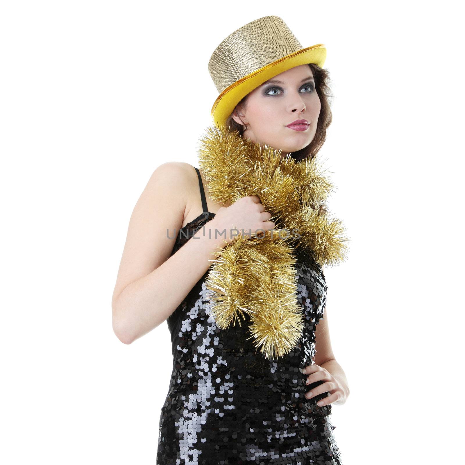 Young beautiful caucasian woman in black elegant party dress and gold hat