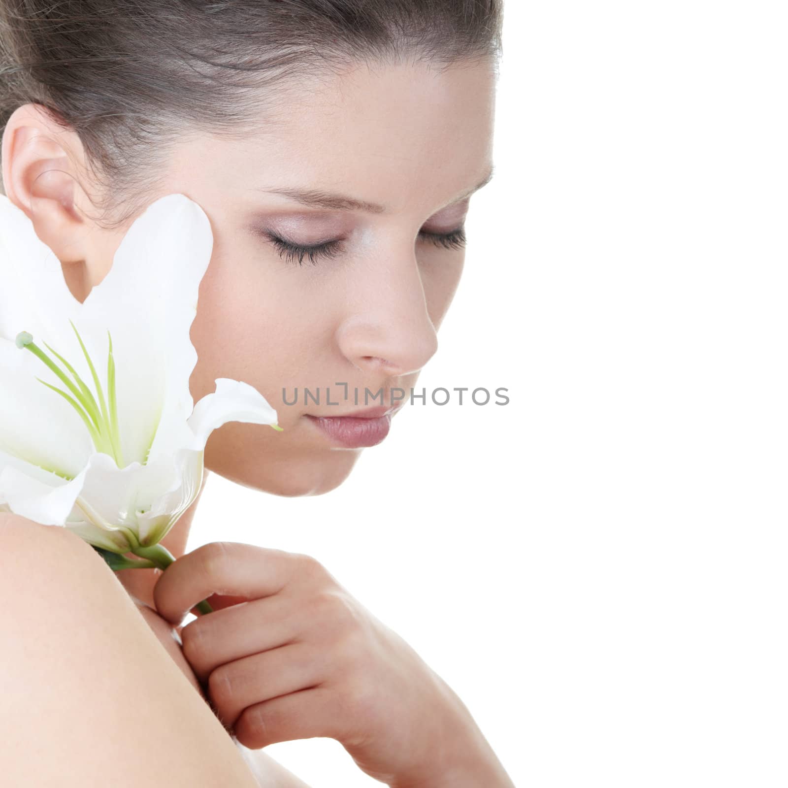 Portrait of Fresh and Beautiful woman with flower isolated on white