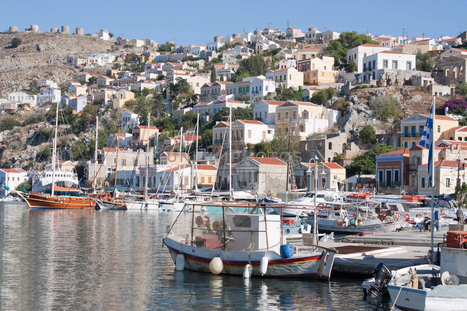 Gialos, the harbour of the island of Symi in the Dodecanese, southeast of Aegean Sea, Greece.