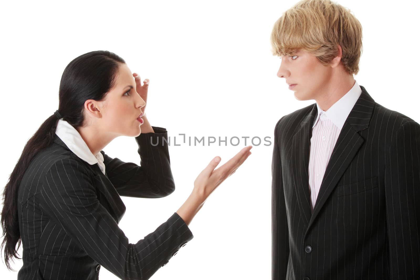 Work Colleagues arguing (woman shouting on man), isolated on white background