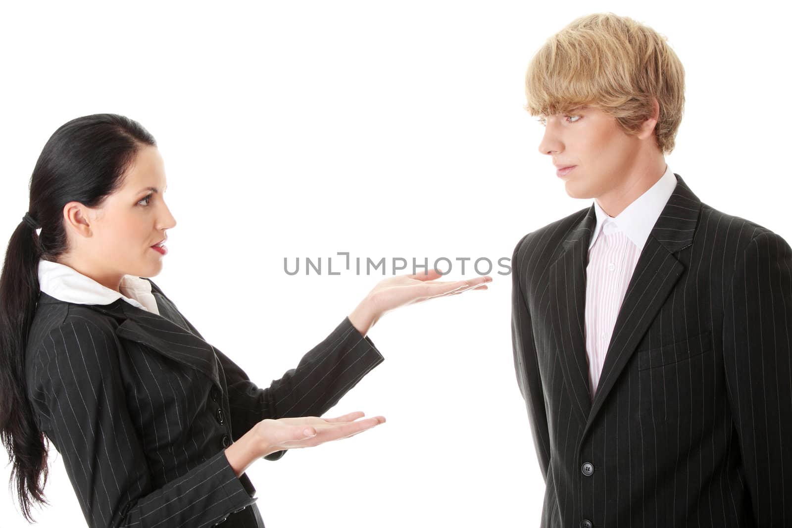 Work Colleagues arguing (woman shouting on man), isolated on white background