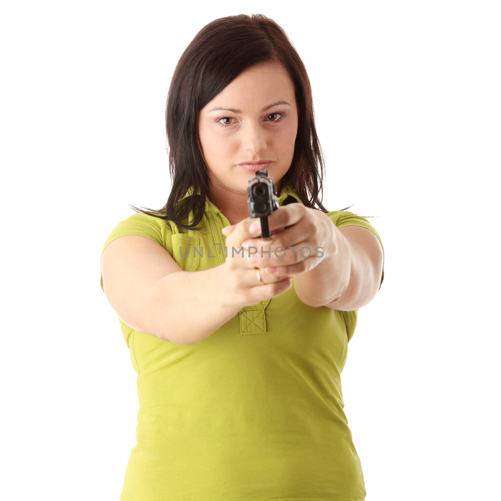 Angry woman with gun isolated on white