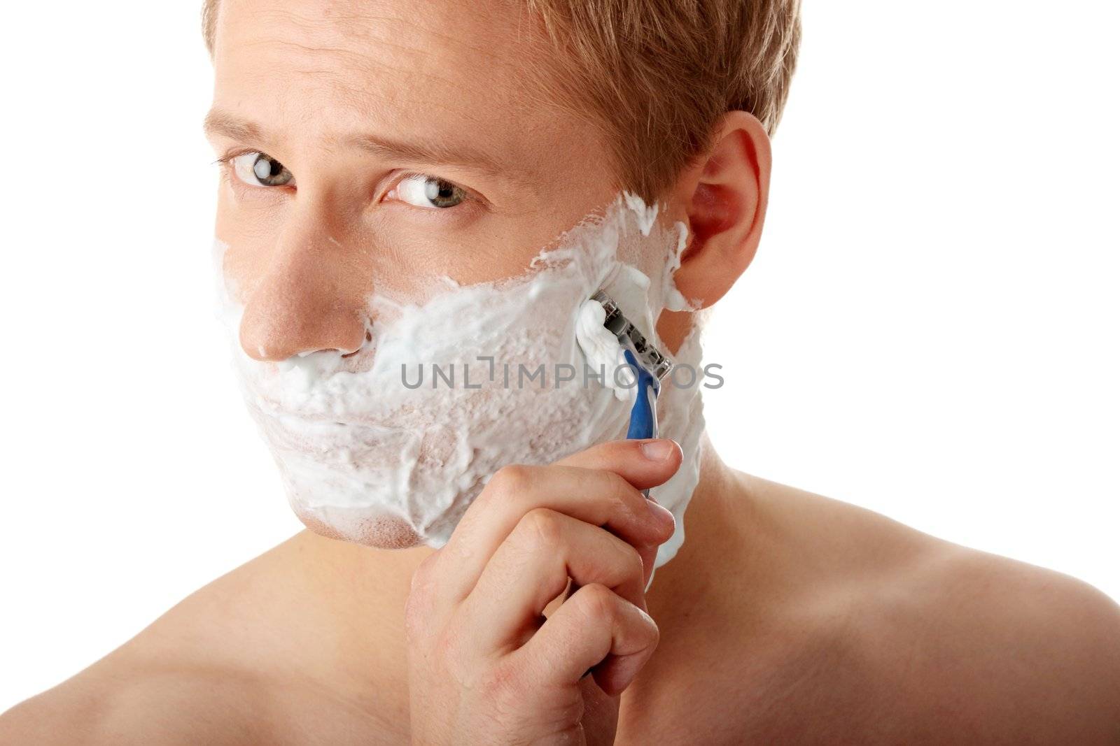 Man shaving isolated on white background