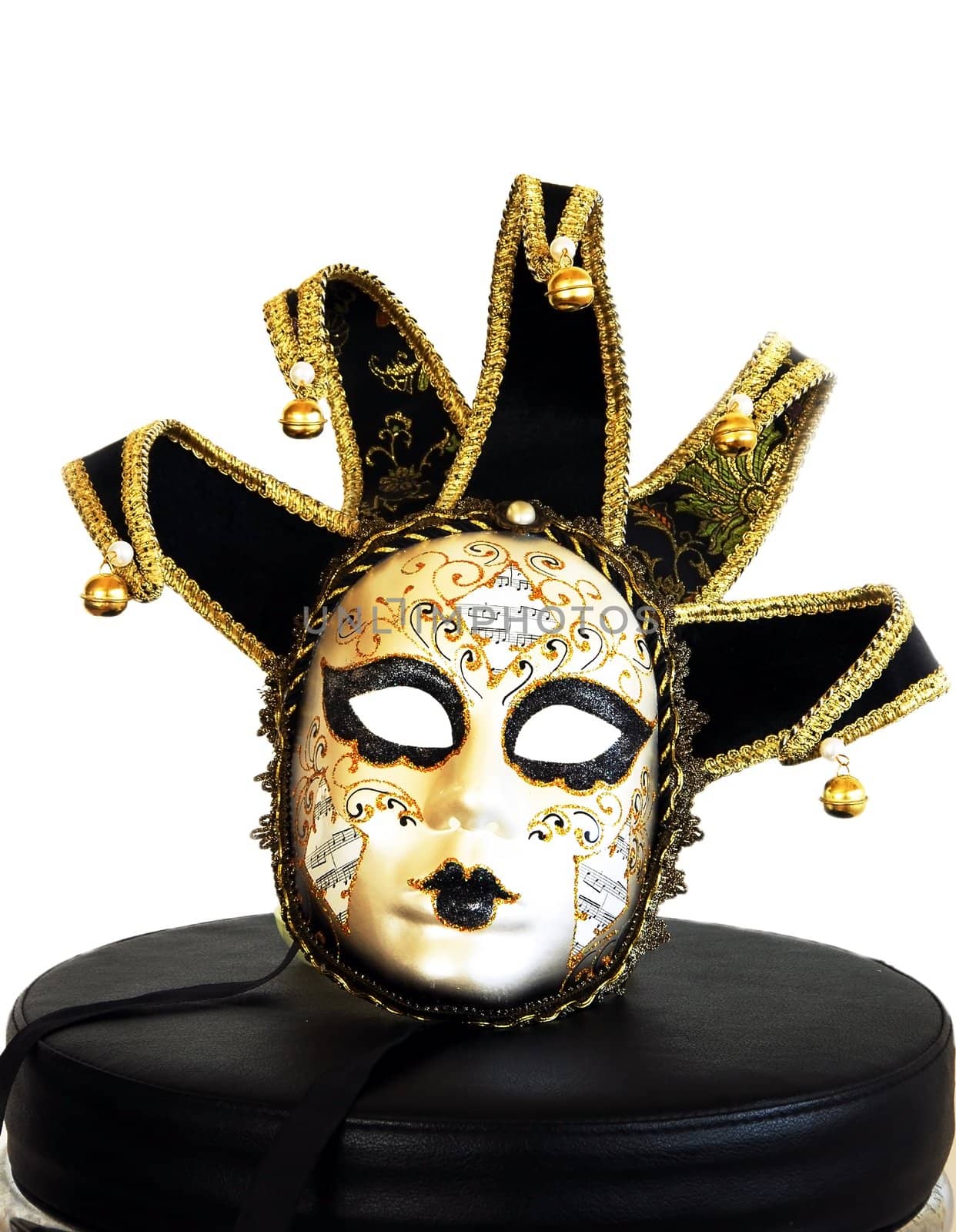 venice black and white mask with golden details on white background