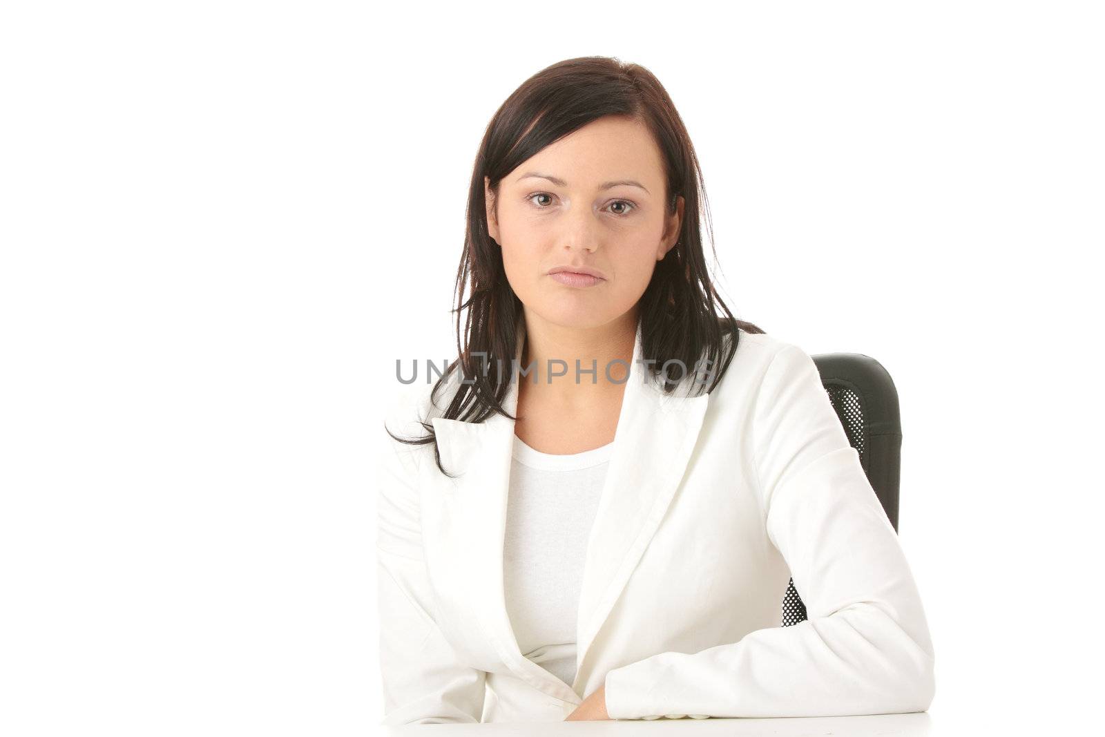 Closeup portrait of woman sitting at the desk isolated