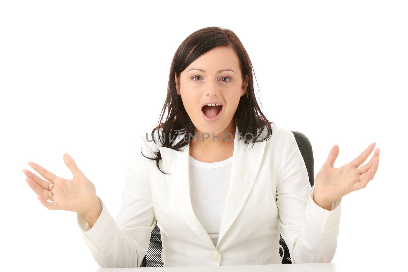 Closeup portrait of woman sitting at the desk isolated