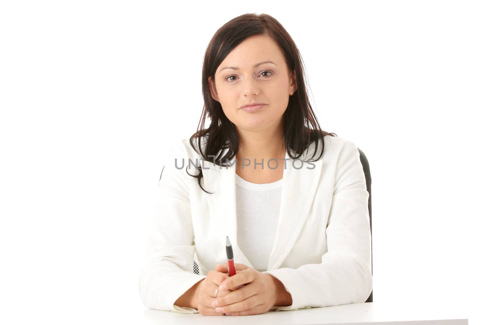 Closeup portrait of woman sitting at the desk isolated