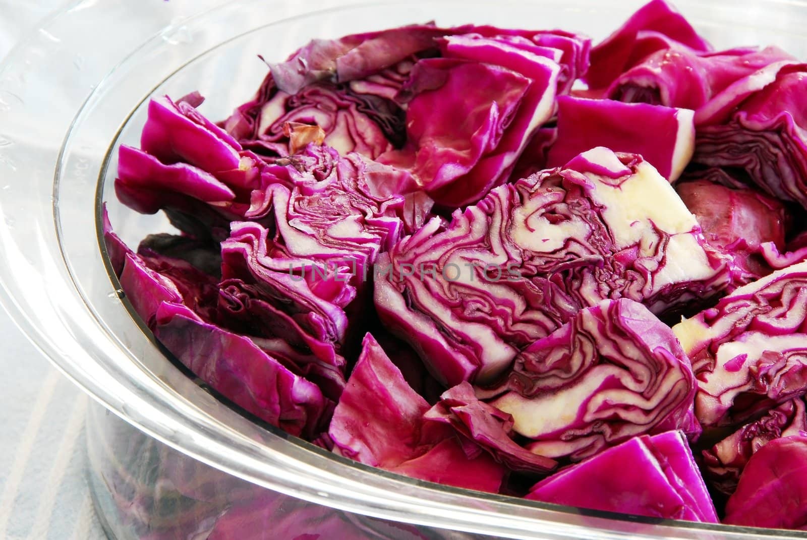 fresh appetizing organic magenta cabbage in steamer utensil