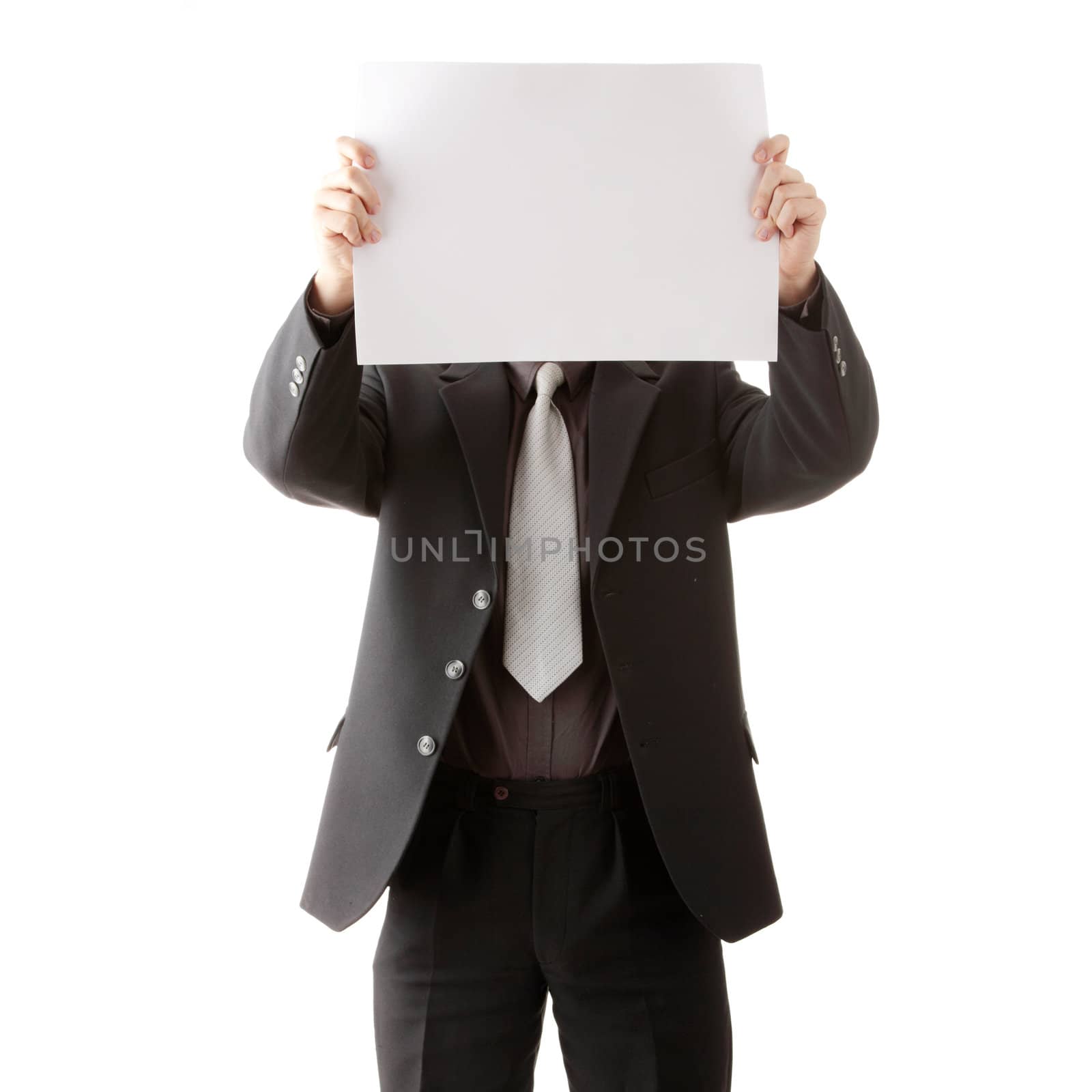 Young businessman holds blank signs. It is isolated on a white background