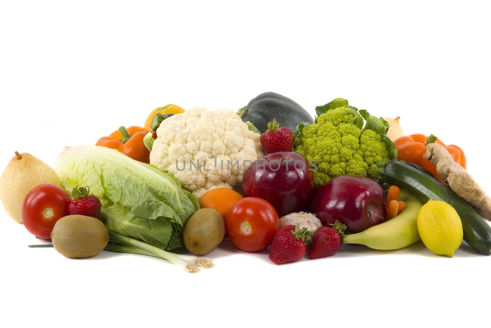 Different kinds of vegetables and fruits on white background