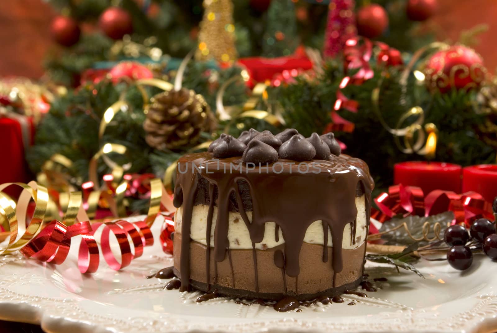 Beautifully decorated Christmas setting with gourmet desert