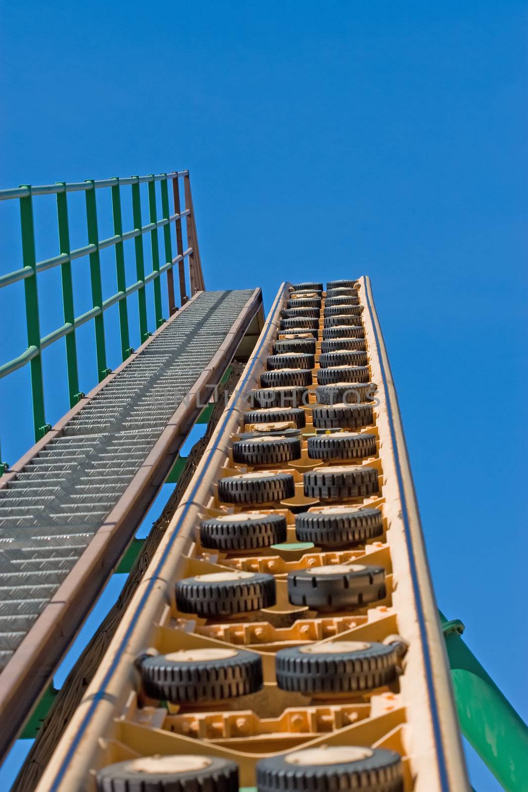 Rollercoaster track against a brilliant blue sky