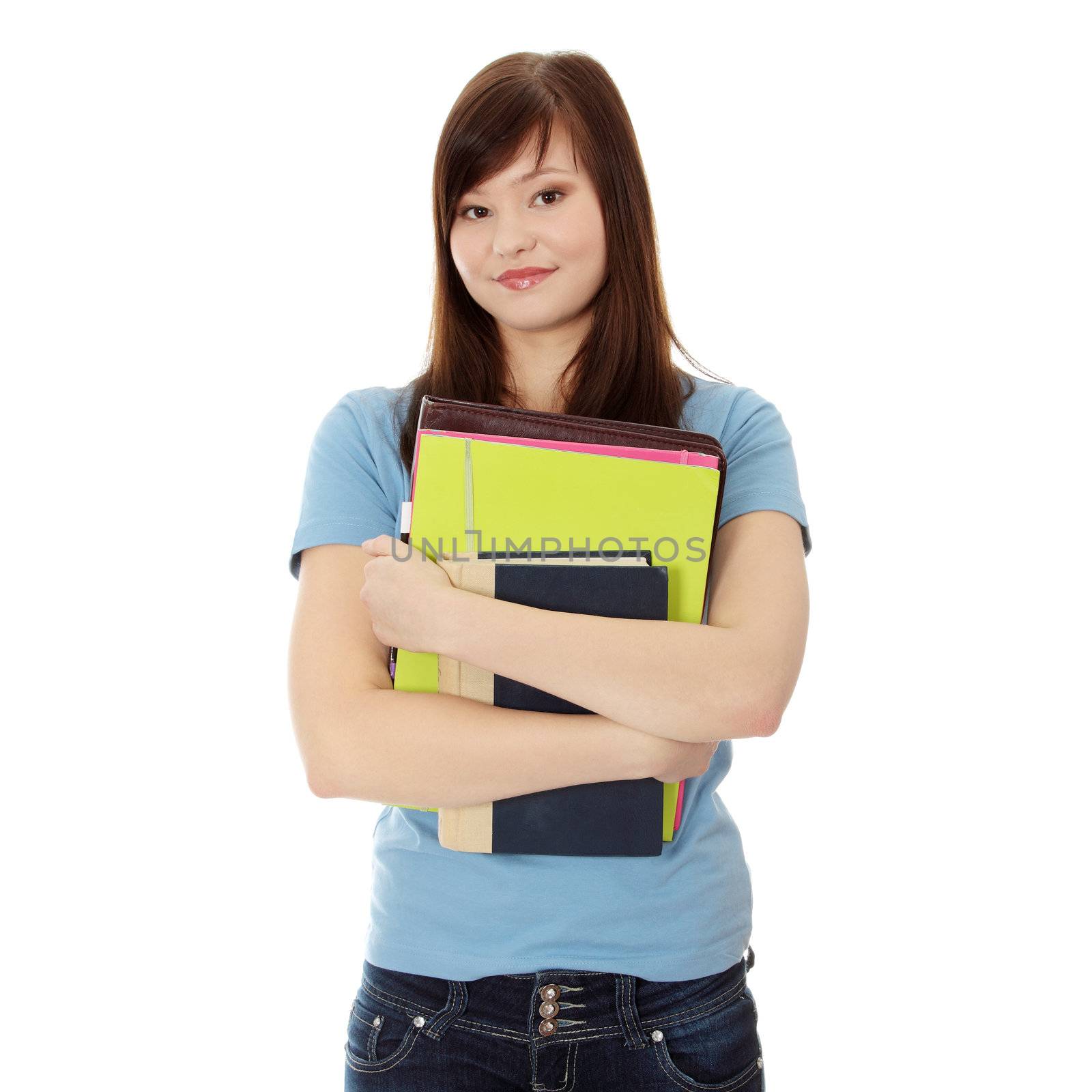 Happy student girl, isolated on white