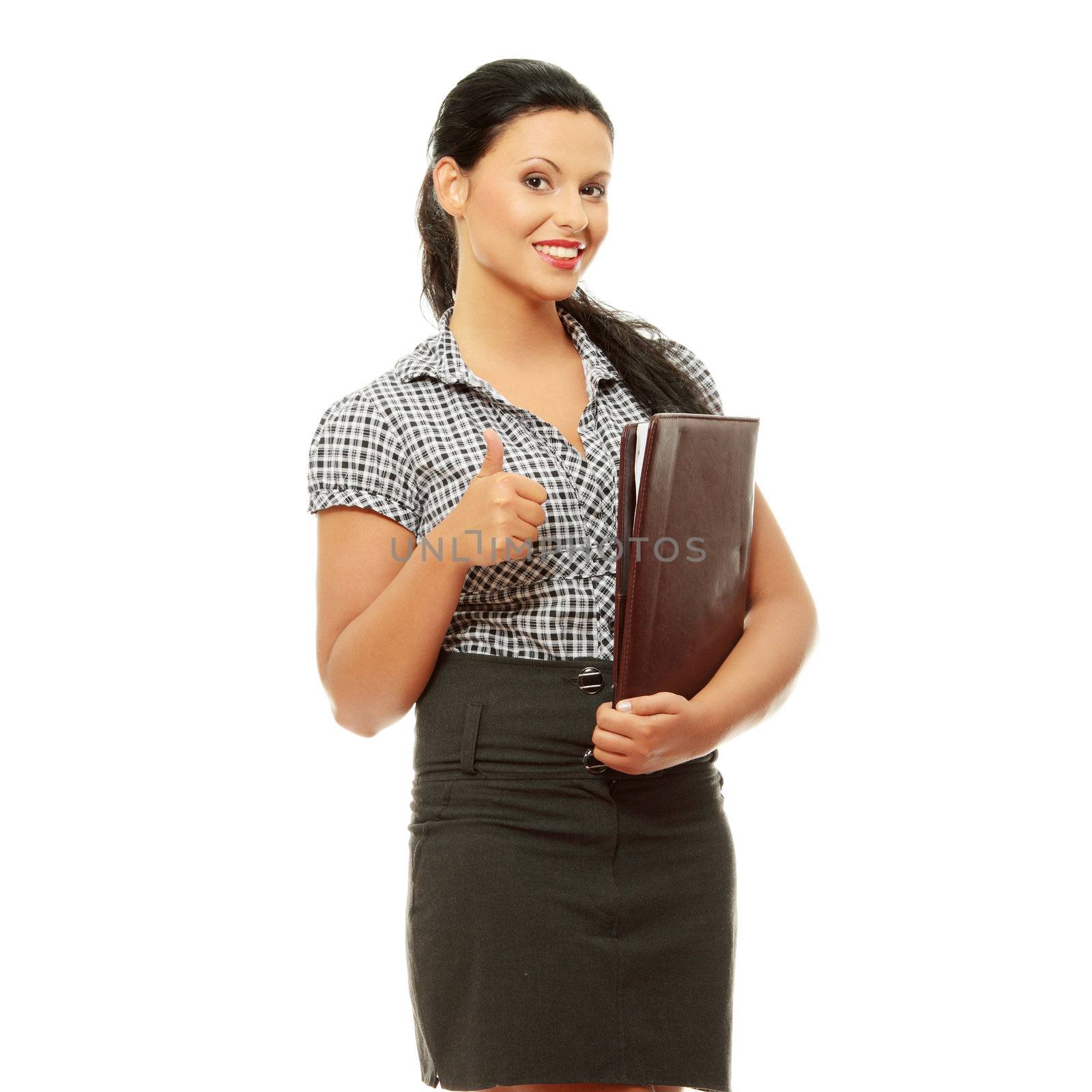 Young happy businesswoman, isolated on white