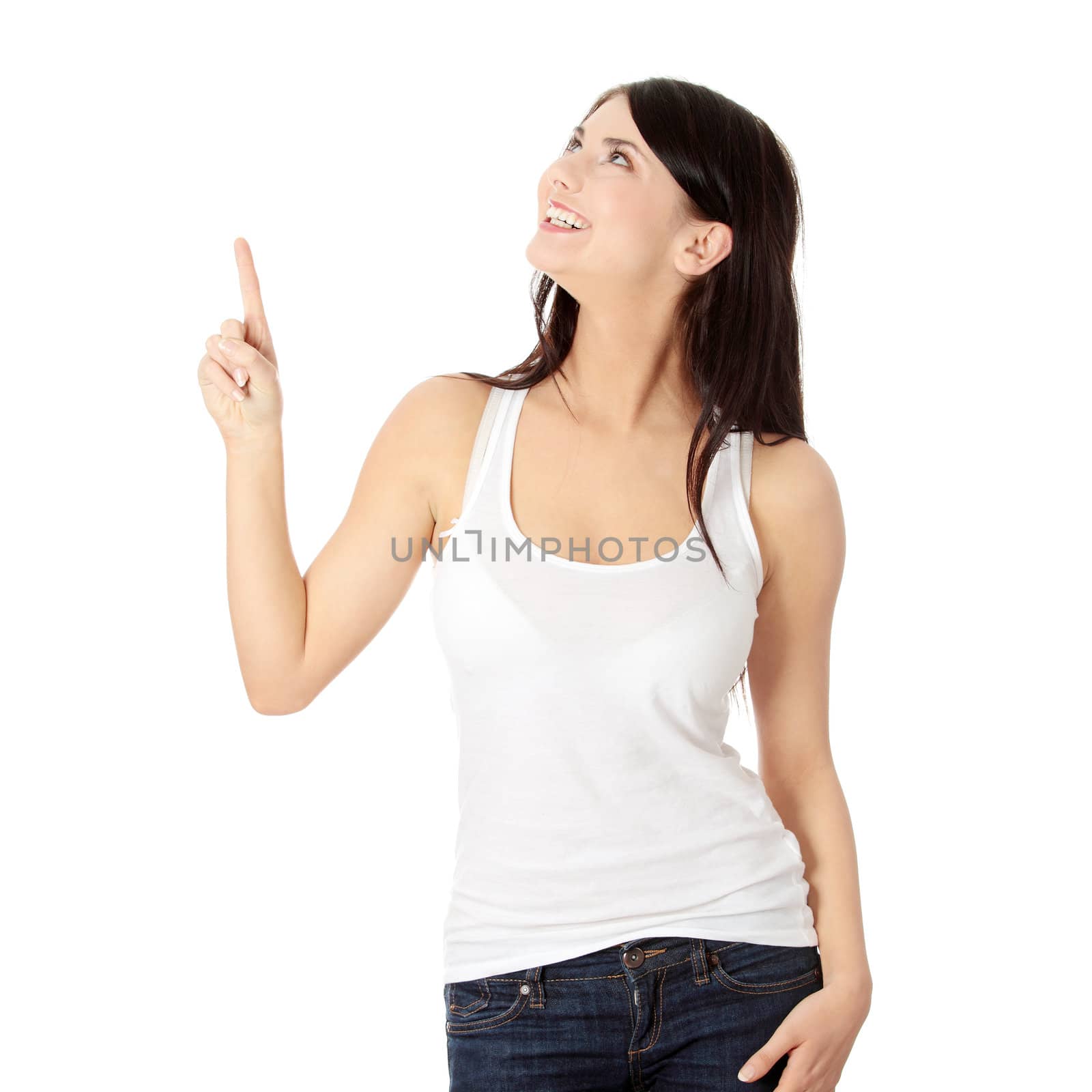 Young beautiful happy caucasian woman pointing up ,isolated on white