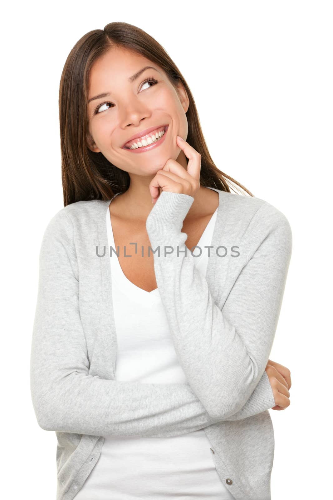 Asian woman thinking in looking pensive and happy in casual clothes isolated on white background.