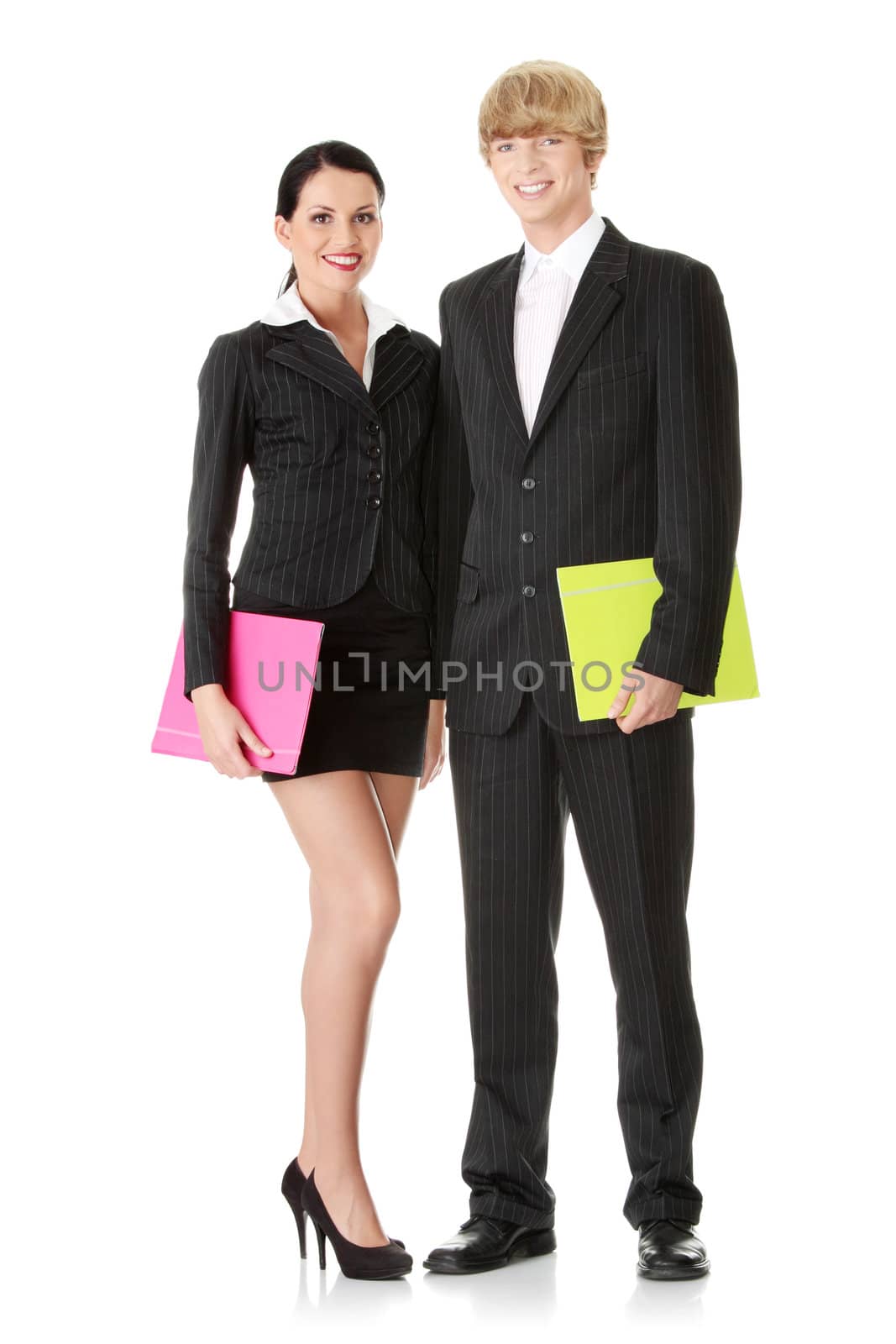 Young business colleges wearing business suit isolated on white background