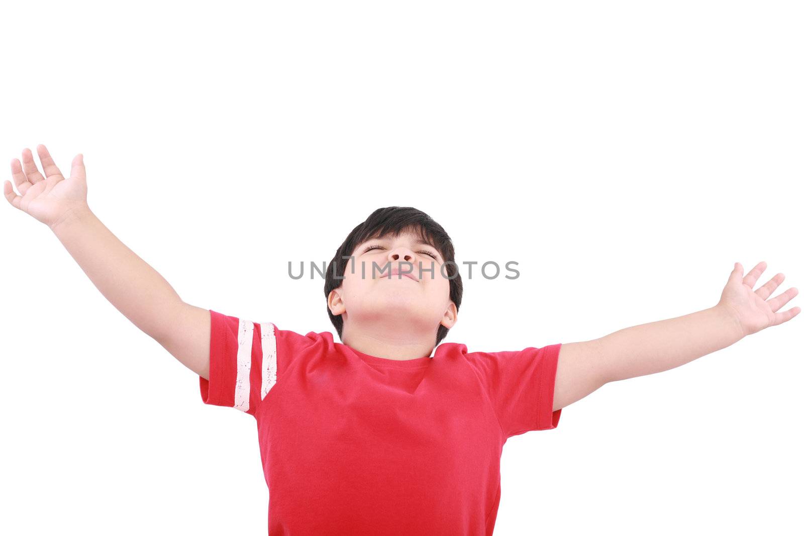 Portrait of the young boy holding hands up
