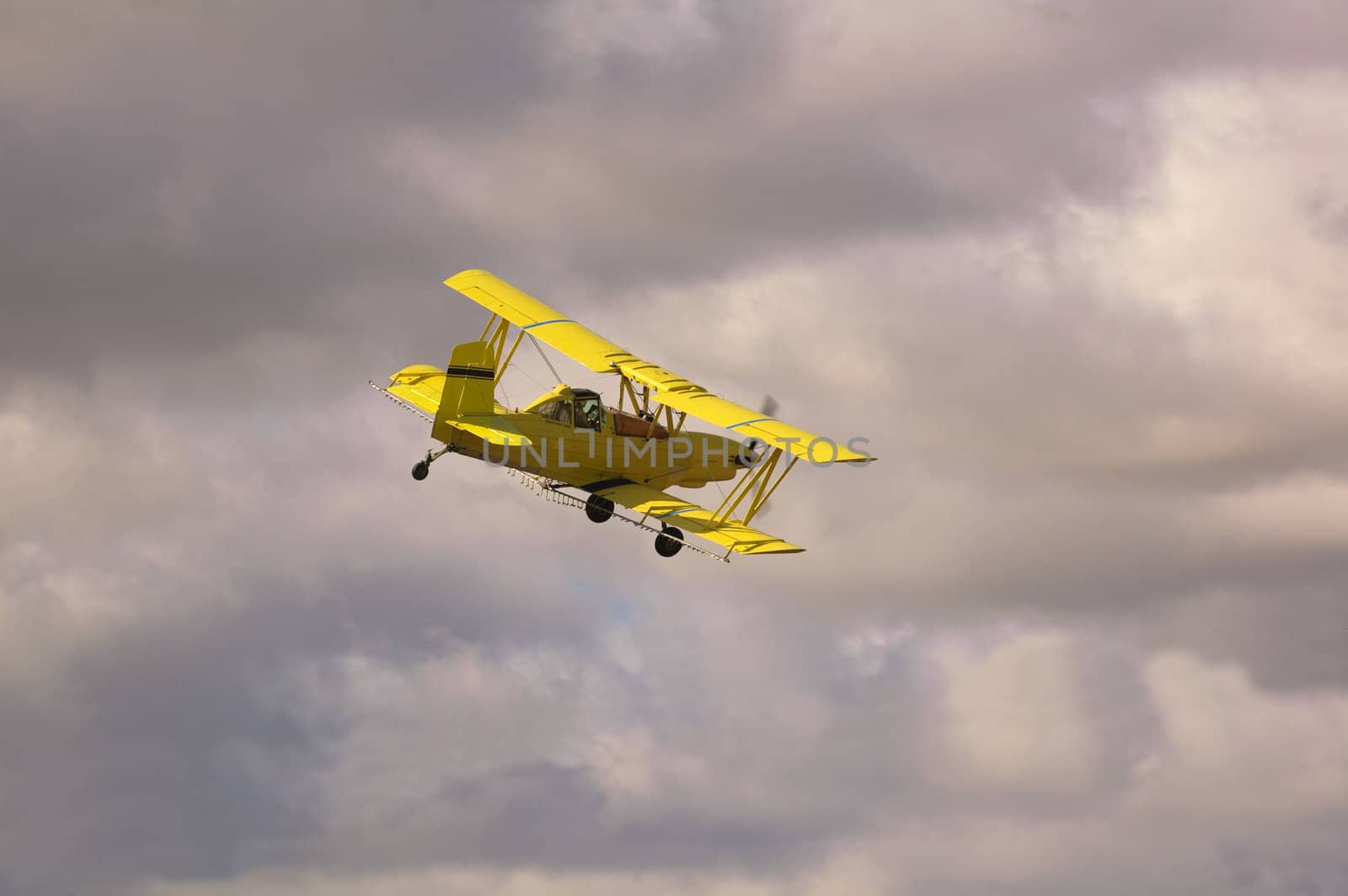 Crop dusting aircraft spraying fields