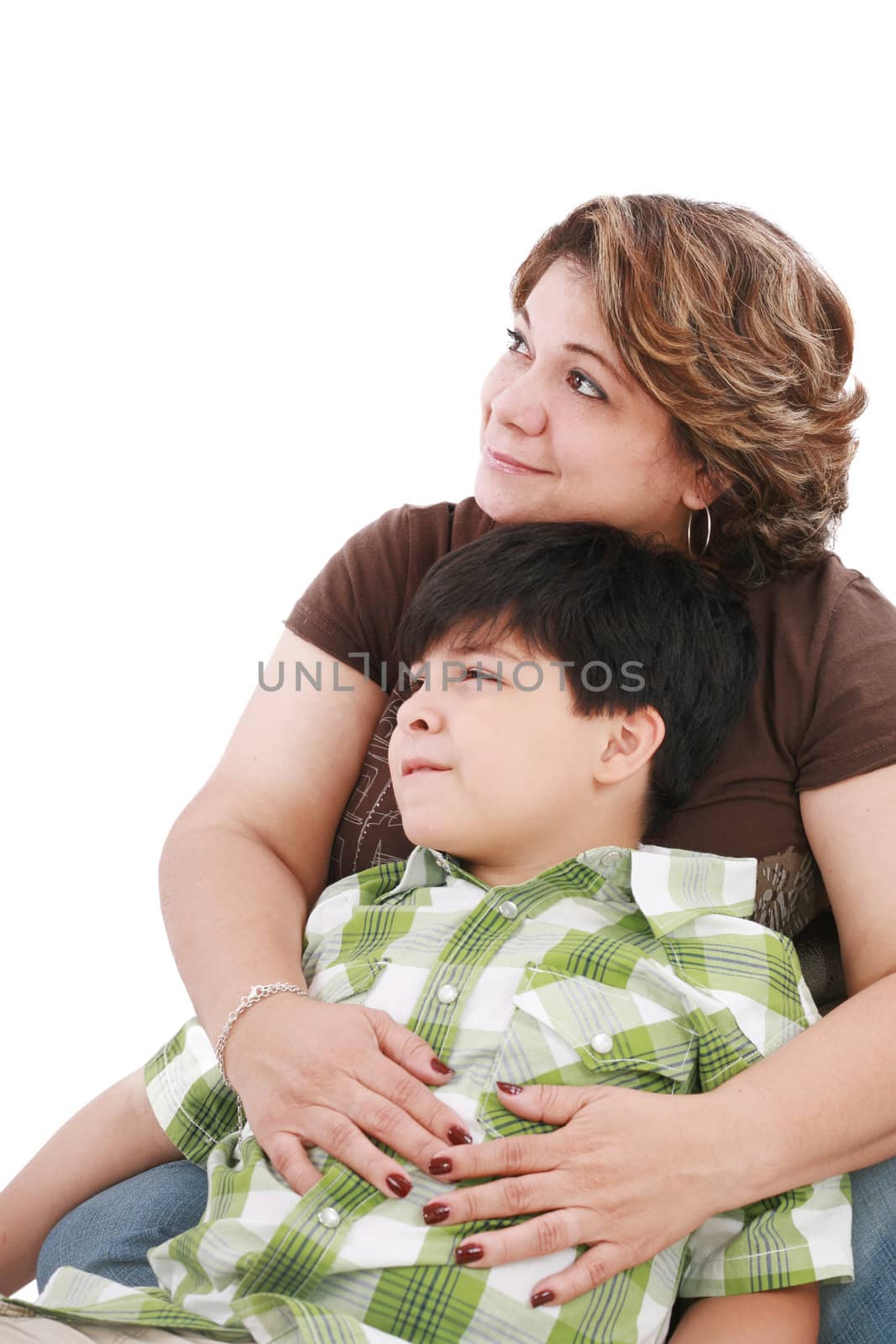 little boy looking something interesting to his mother against white background