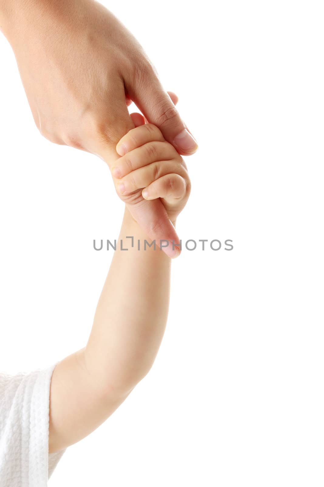 Baby hand holding mother finger isolated
