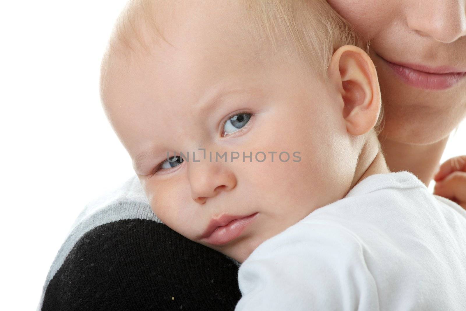 A mother and her tired cute baby boy isolated on white background