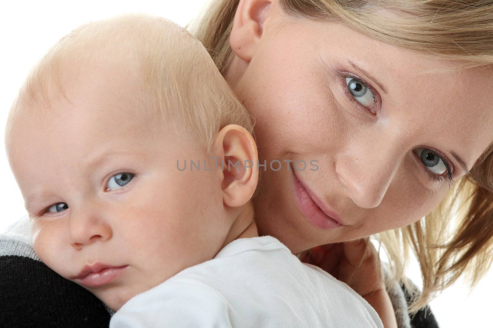 A mother and her tired cute baby boy isolated on white background